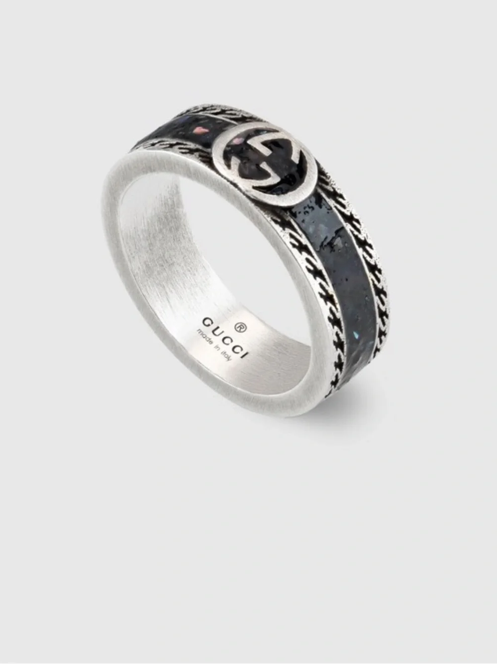 NWT GUCCI INTERLOCKING G RING STERLING SILVER BLACK ENAMEL DESIGNER SIZE: 19